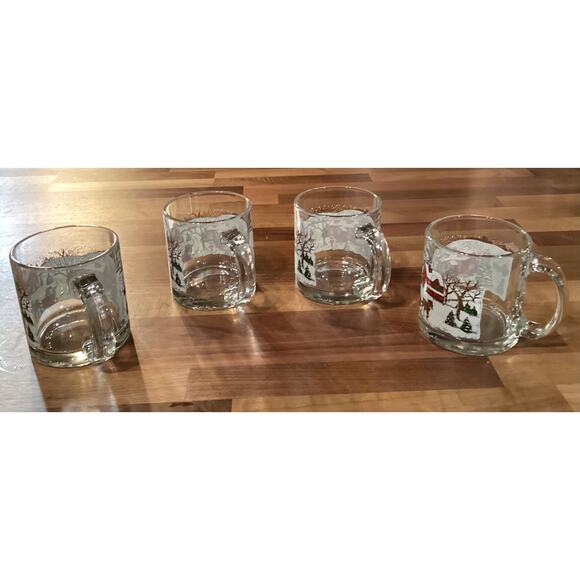 Vintage Set Of 4 Libbey Currier & Ives Christmas Glass Mugs Winter Snow Scene - Picture 9 of 11